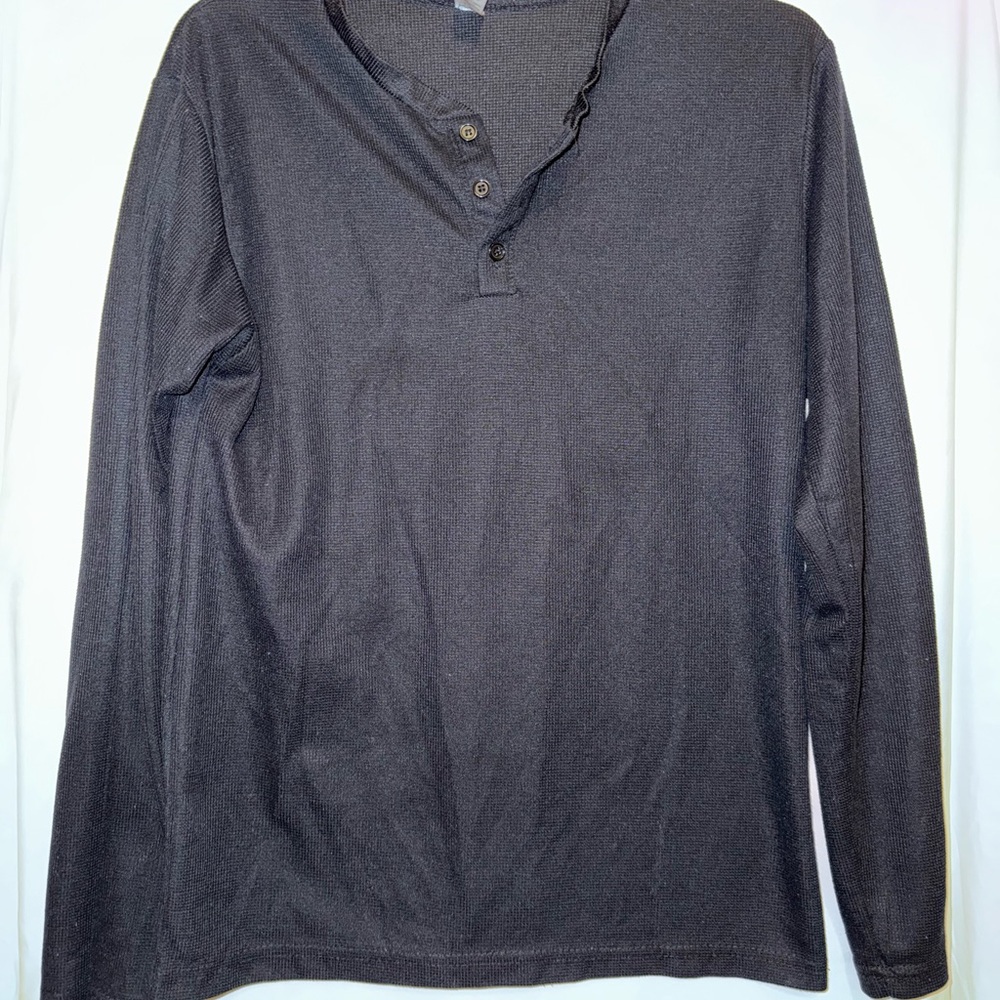 Black Long Sleeve Tee with Henley Neckline Relaxed Fit